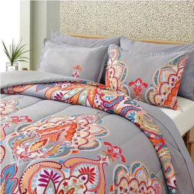 3 Piece King Comforter Set, Boho Pattern, Gray with Rainbow Floral (Option: Style1)